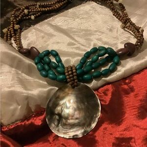 Bohemian Teal Beaded Necklace with Shell Pendant